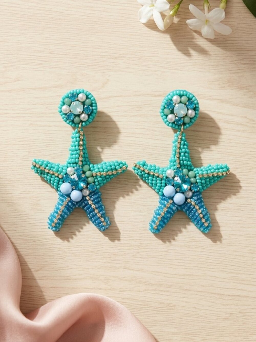 NEW: Blue Beaded starfish dangling earrings